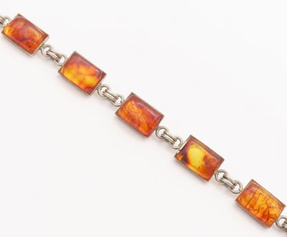 925 Sterling Silver Vintage Bracelet Solid Rectangular Linked Amber   BT10267