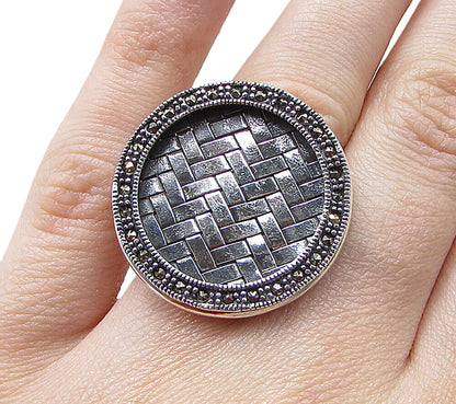 925 Sterling Silver  Marcasite Framed Woven Round Shield Ring Sz 5.5  RG1691