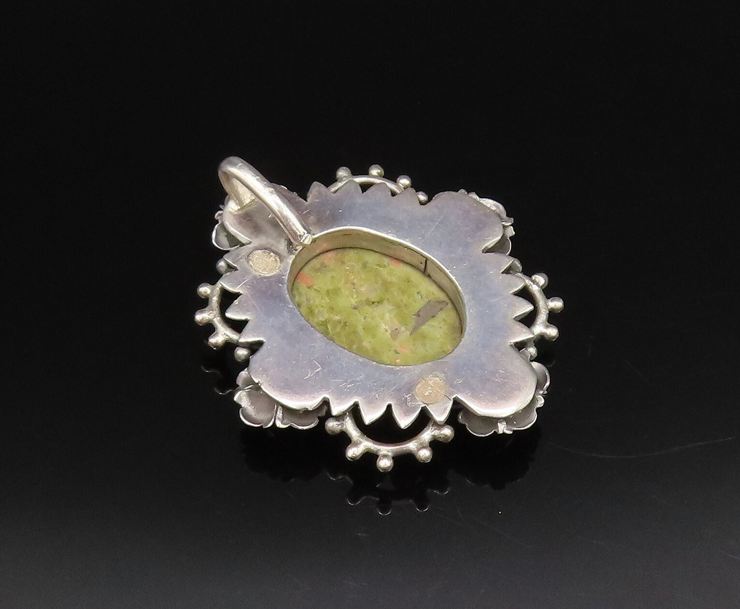 925 Silver  Vintage Cabochon Unakite & Peridot Floral Cluster Pendant  PT21917