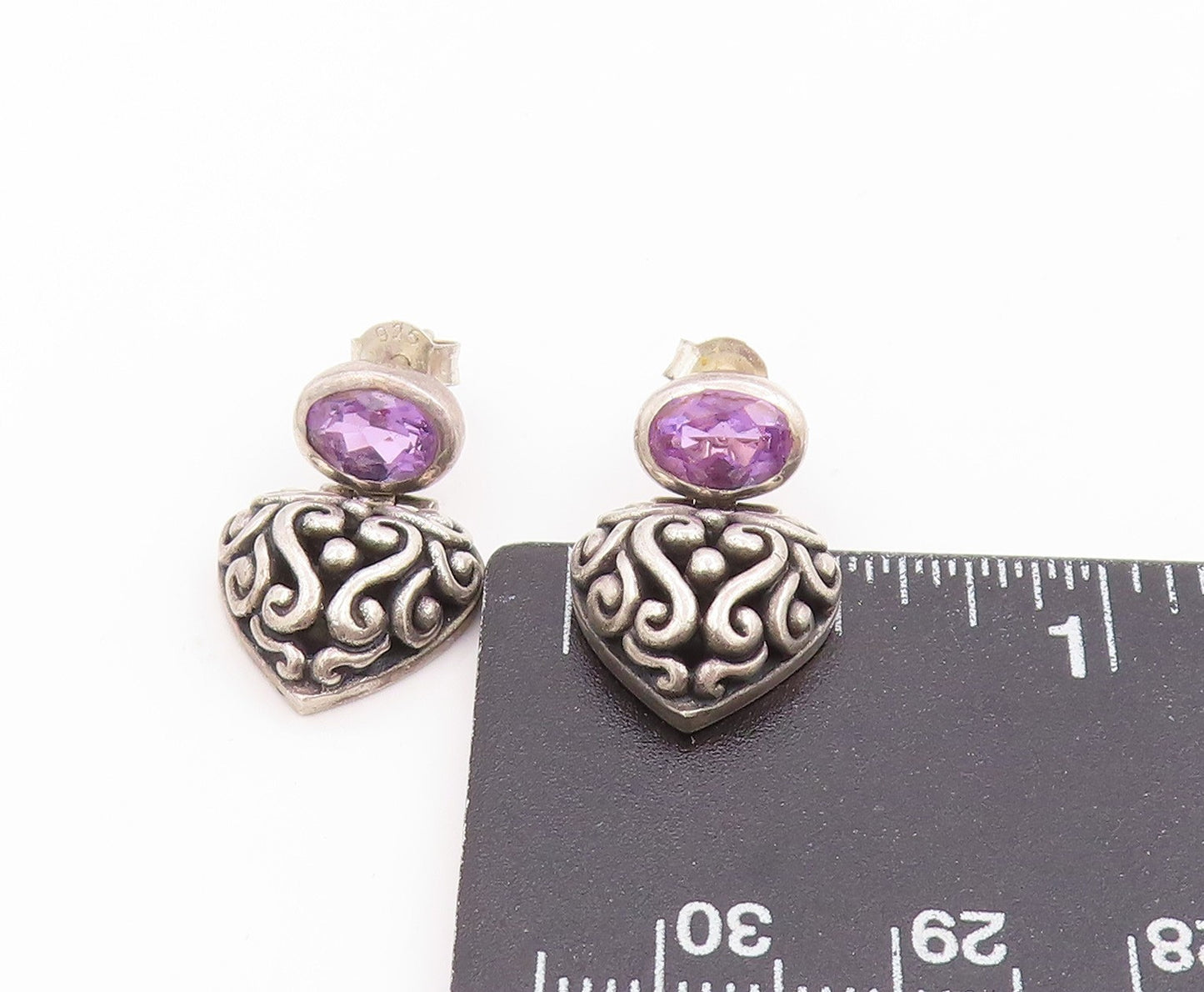 925 Sterling Silver Vintage Earrings JANICE GIRARDI Amethyst Love Heart  EG14030