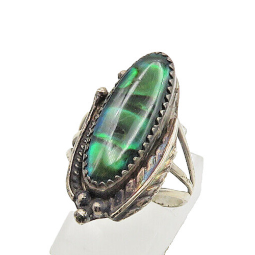 NAVAJO 925 Sterling Silver  Vintage Abalone Shell Feather Ring Sz 8  RG18568
