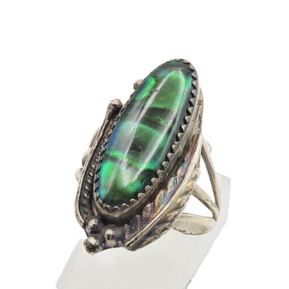 NAVAJO 925 Sterling Silver  Vintage Abalone Shell Feather Ring Sz 8  RG18568