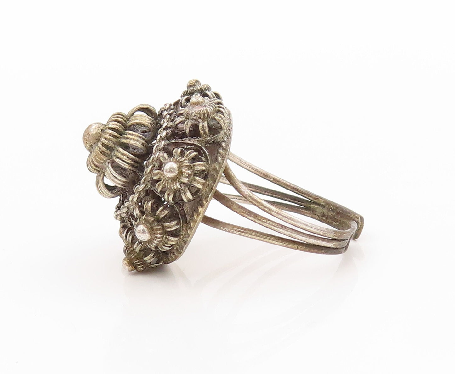 925 Sterling Silver Vintage Ring Designer Dark Tone Flower Carved Sz 8  RG31854