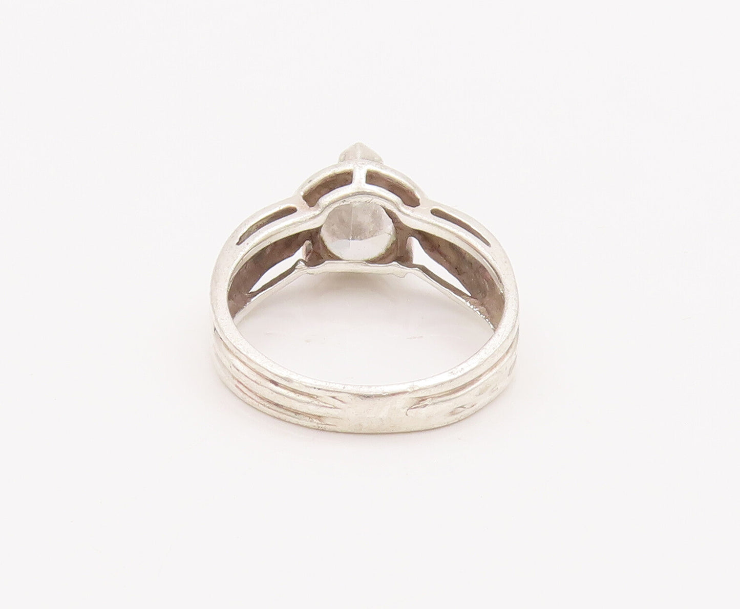 925 Sterling Silver Vintage Ring Solid Carved Drop Cut CZ  Sz 6.5  RG28307