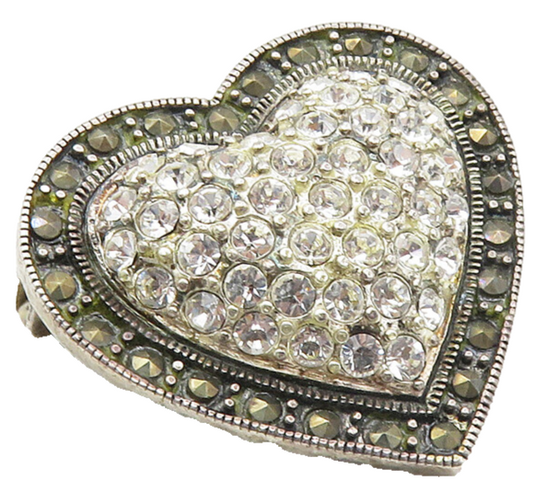 925 Silver  Vintage Cubic Zirconia & Marcasite Love Heart Brooch Pin  BP3599