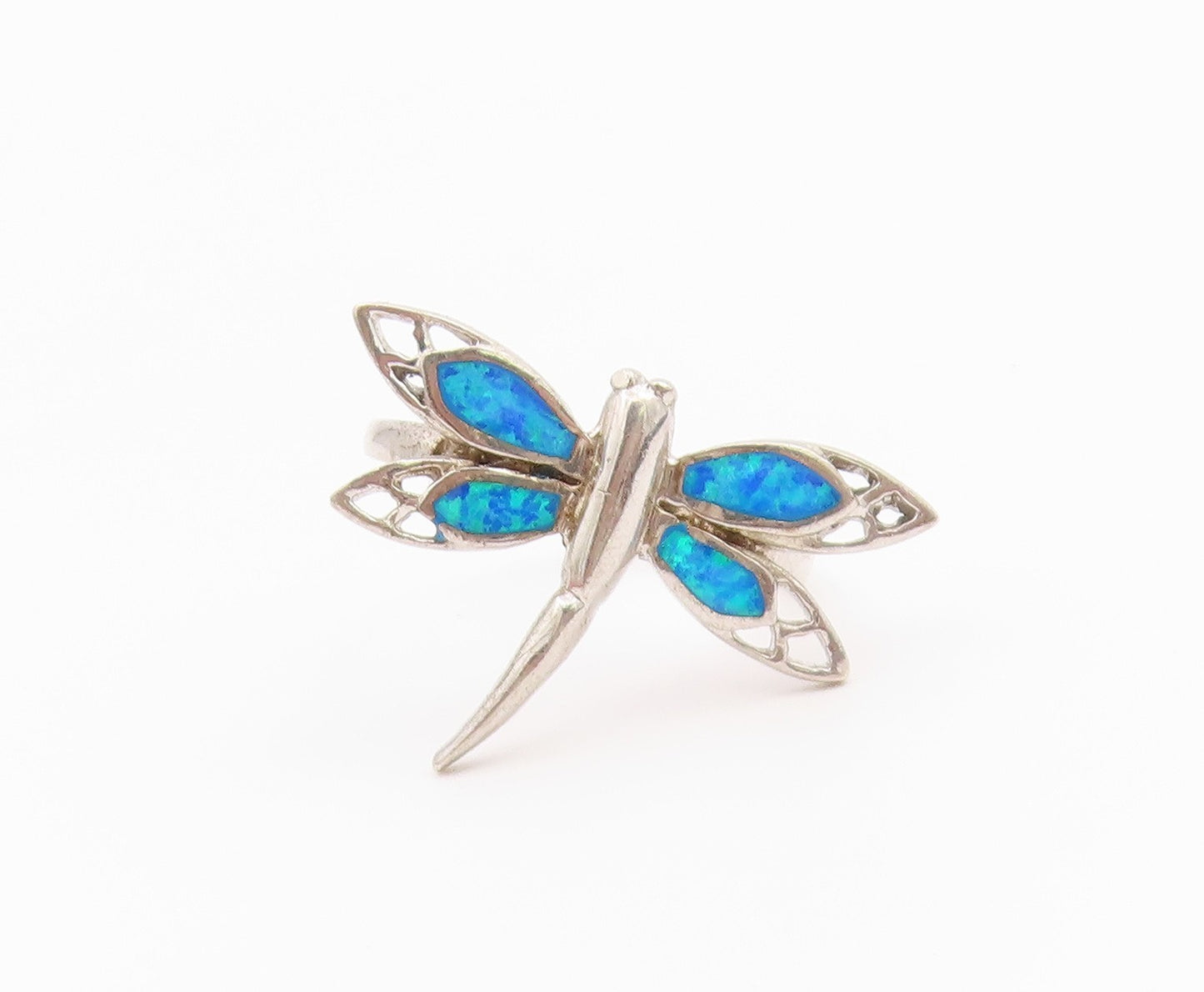 925 Sterling Silver Vintage Ring Fire Opal Inlay Dragonfly Band  Sz 7  RG36422