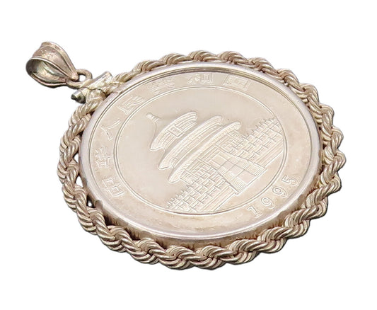 925 Sterling Silver Vintage Pendant Carved Panda Twisted Rope Border  PT22547