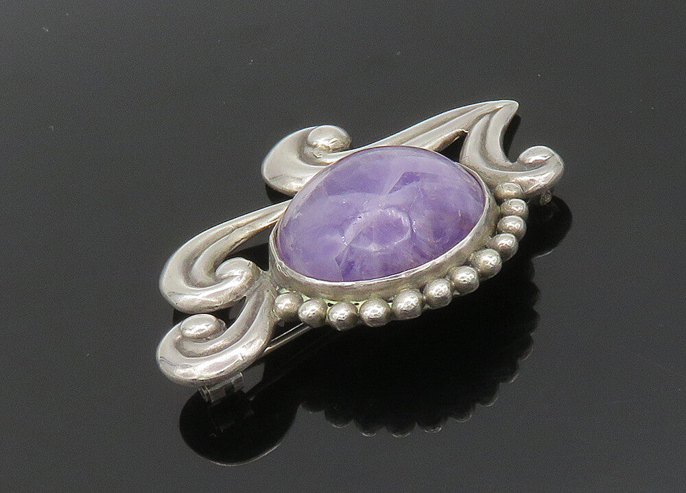 LOS CASTILLO MEXICO 925 Silver  Vintage Cabochon Amethyst Brooch Pin  BP8147