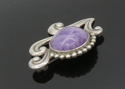LOS CASTILLO MEXICO 925 Silver  Vintage Cabochon Amethyst Brooch Pin  BP8147