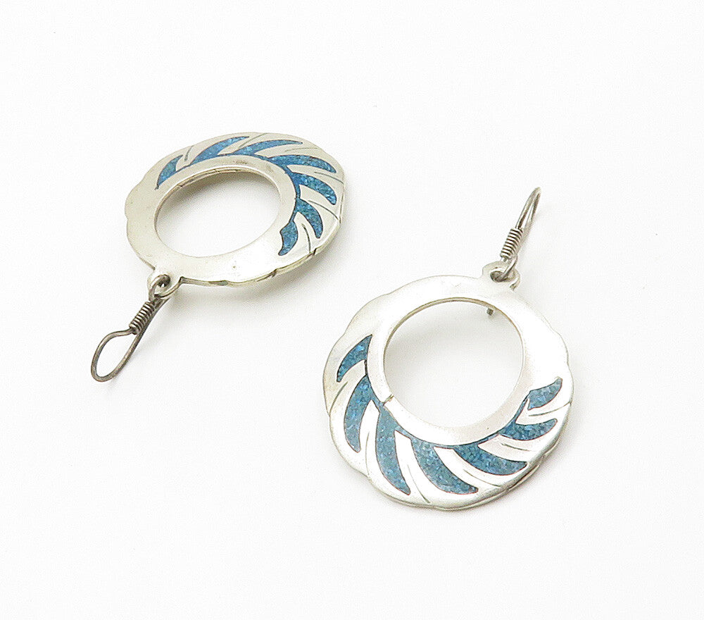 MEXICO 925 Silver  Vintage Inlaid Turquoise Round Dangle Earrings  EG7847