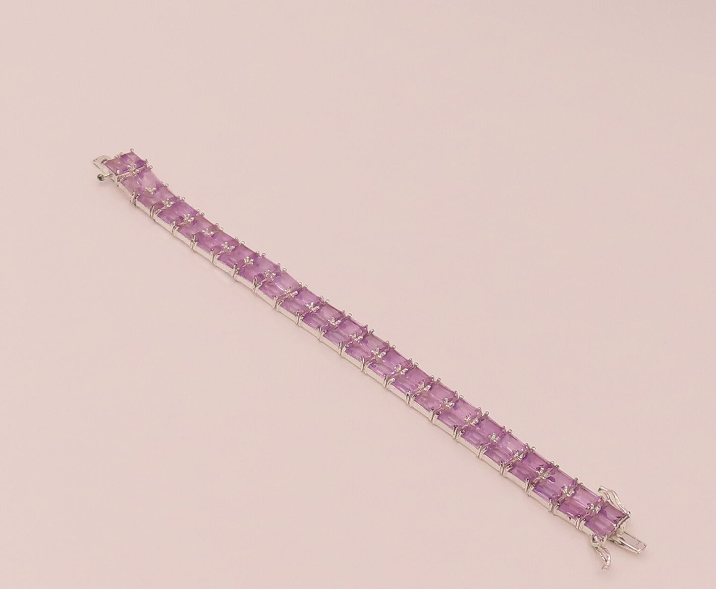 925 Sterling Silver  Vintage Amethyst Rectangular Double Band Bracelet  BT9822
