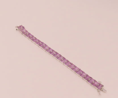 925 Sterling Silver  Vintage Amethyst Rectangular Double Band Bracelet  BT9822