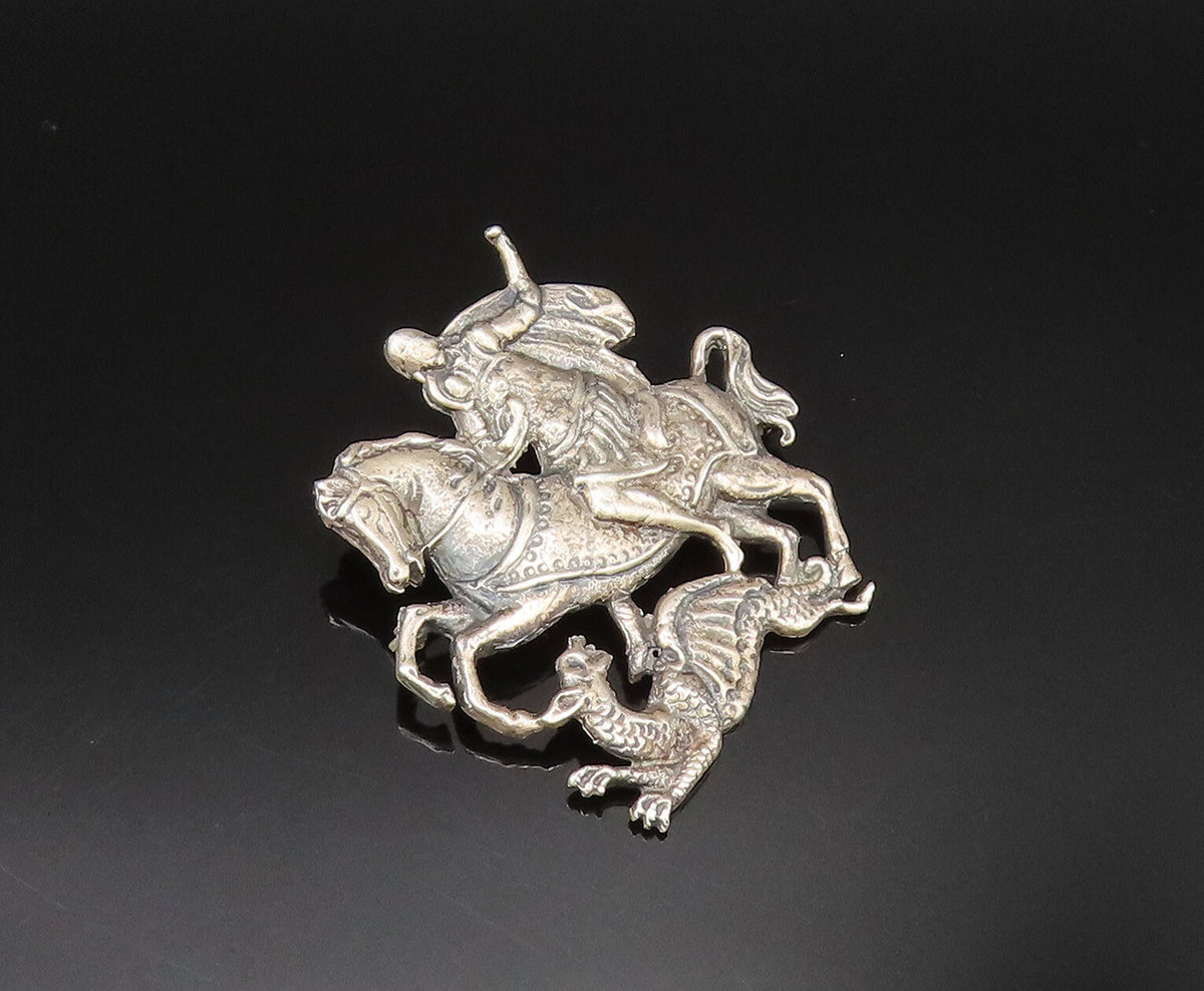 CINI 925 Silver  Vintage Antique Saint George & The Dragon Brooch Pin  BP9660