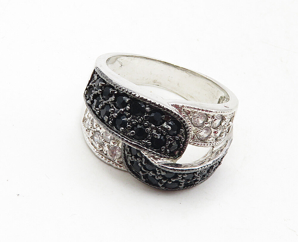 925 Sterling Silver  Black Hematite & Topaz Shiny Band Ring Sz 8  RG9445