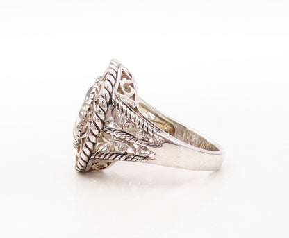 925 Sterling Silver Vintage Ring Swirly Floral Cutout Blue Topaz  Sz 7  RG30927