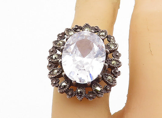 925 Sterling Silver Vintage Cubic Zirconia & Marcasite Cocktail Ring Sz 7 RG7543