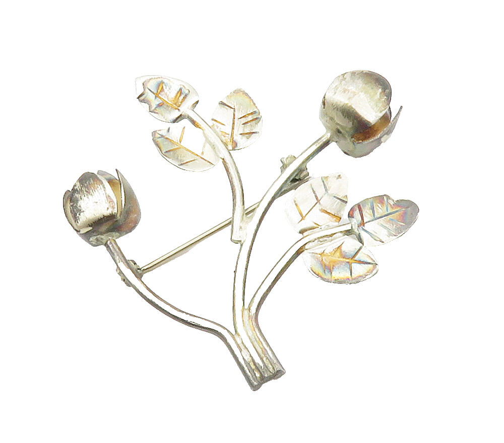 925 Sterling Silver  Vintage Blooming Flowers Motif Etched Brooch Pin  BP5790
