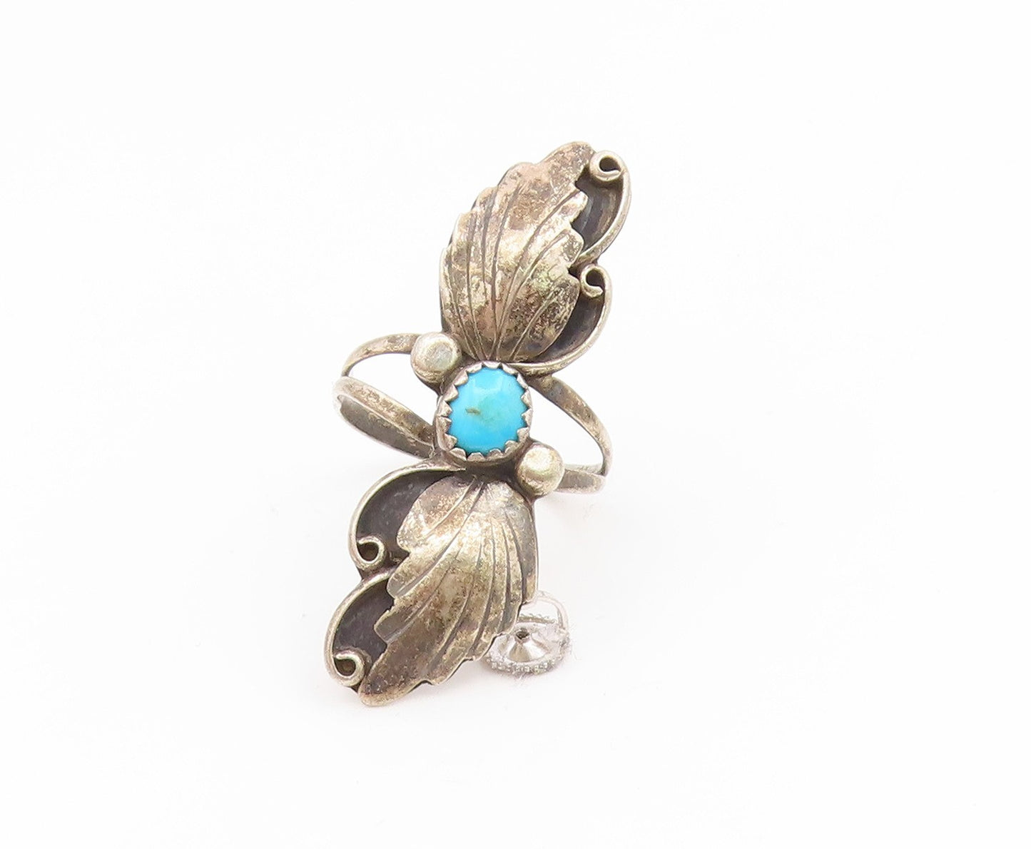 925 Sterling Silver Vintage Ring ZUNI MARY ROMERO Turquoise Leaf Sz 8.5 RG35191