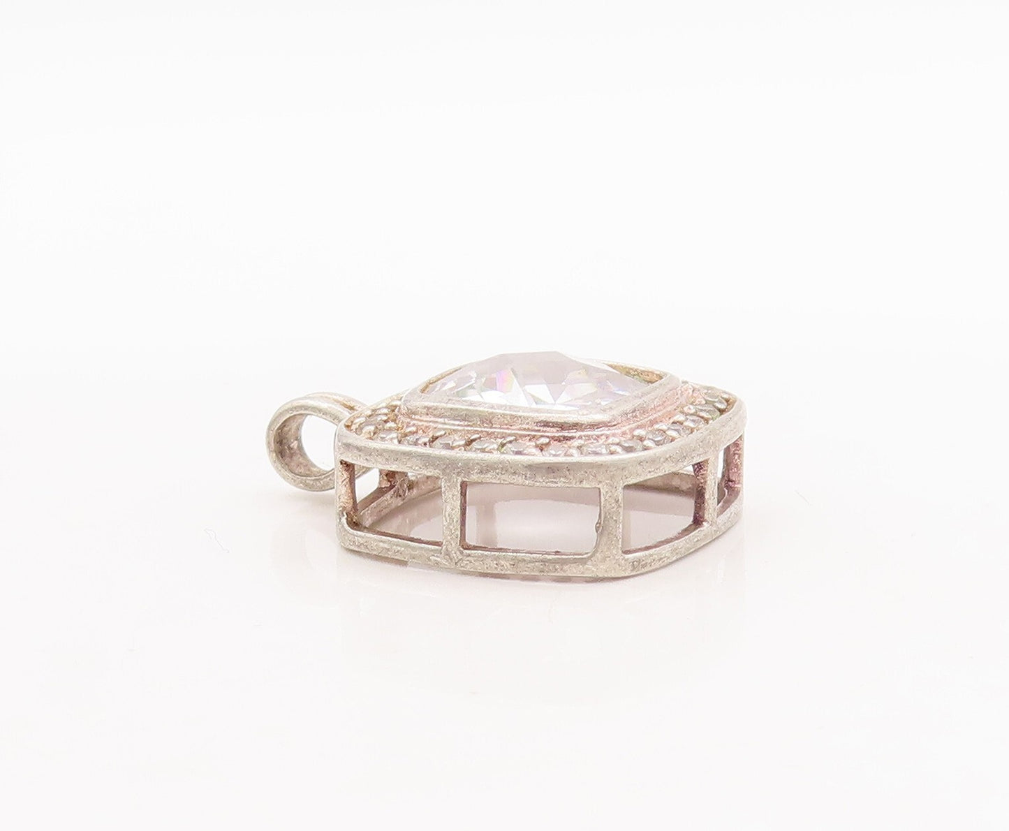 925 Sterling Silver Vintage Pendant Square Cut Halo Topaz Beaded Frame  PT23441