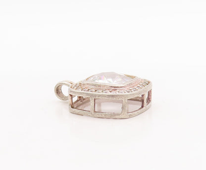 925 Sterling Silver Vintage Pendant Square Cut Halo Topaz Beaded Frame  PT23441