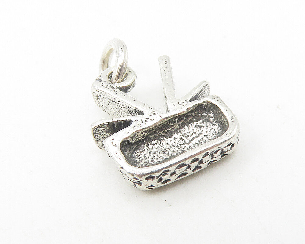 925 Sterling Silver  Vintage Petite Shiny Picnic Basket Motif Pendant  PT9341