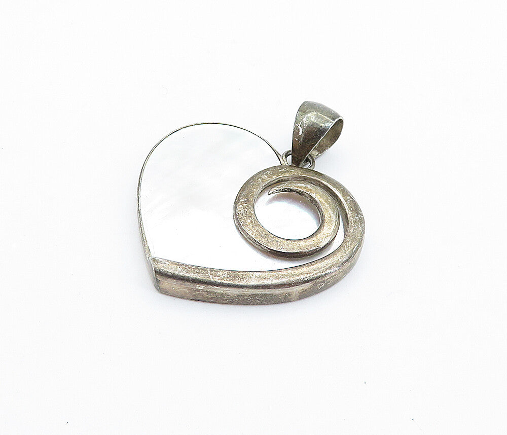 925 Sterling Silver  Vintage Mother Of Pearl Spiral Love Heart Pendant  PT4108