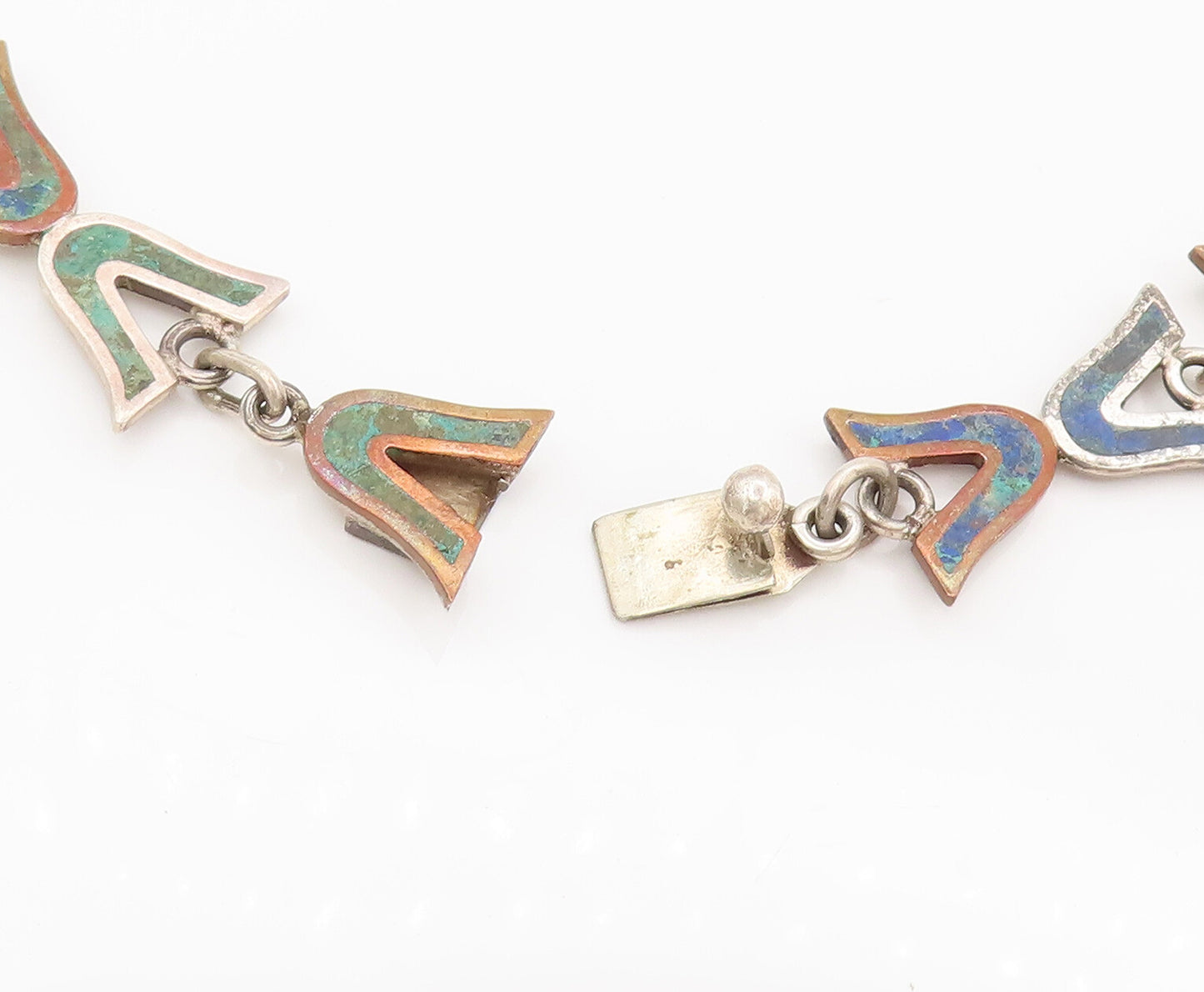 MEXICO 925 Sterling Silver  Vintage Hourglass Inlay Turquoise Necklace  NE4043