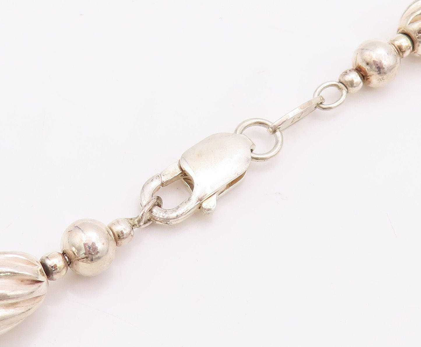 925 Sterling Silver Vintage Necklace Long Grooved Puffed Beads Chain  NE4398