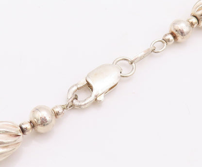 925 Sterling Silver Vintage Necklace Long Grooved Puffed Beads Chain  NE4398