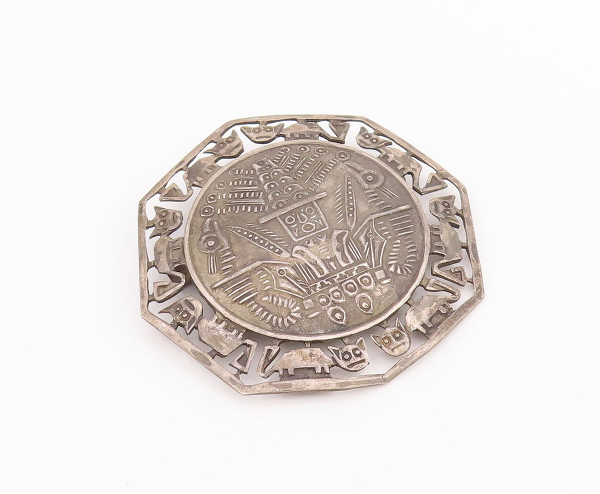 925 Sterling Silver Vintage Brooch Pin Egyptian Triable Design Etched  BP11029
