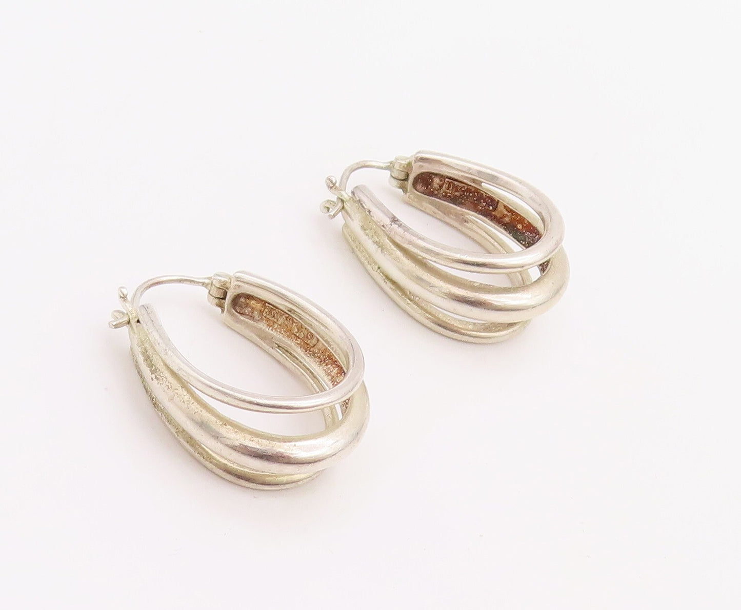 925 Sterling Silver Vintage Earrings Solid Cutout Designer J Hoops  EG13214