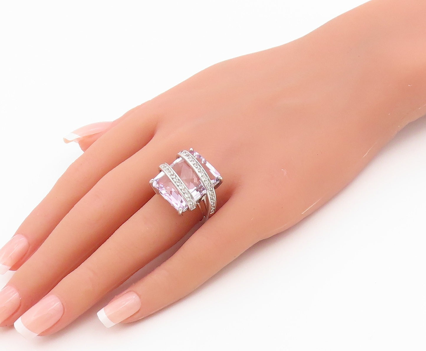 925 Sterling Silver Vintage Ring Faceted Amethyst With CZ Wrap Band Sz 8 RG36482