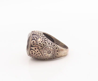 925 Sterling Silver Vintage Ring Beaded Carved Oval Smoky Quartz  Sz 8  RG29198