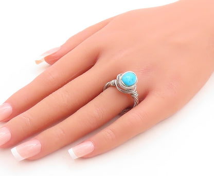 925 Sterling Silver Vintage Ring Modernist Rope Carved Turquoise Sz 10  RG31482