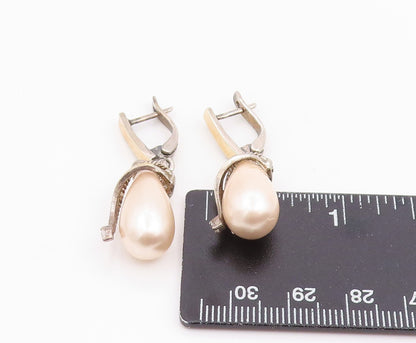 14k Gold & 925 Sterling Silver Vintage Earrings Pink Pearl & CZ Drop  EG14220