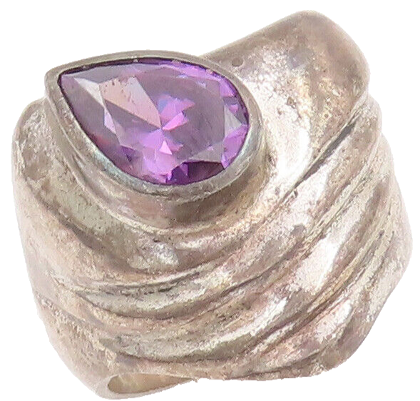 925 Sterling Silver Vintage Ring Solid Carved Drop Cut Amethyst  Sz 7.5  RG28072
