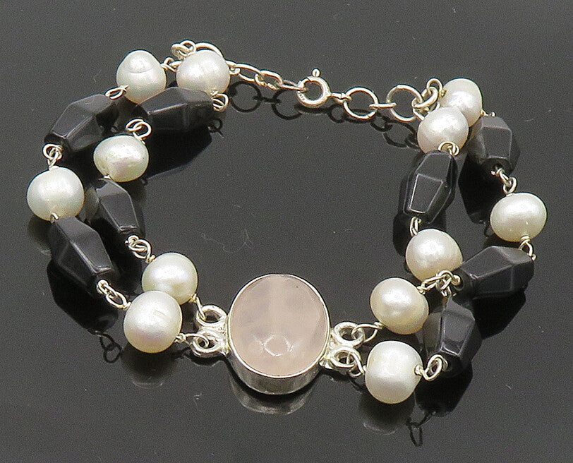 925 Sterling Silver  Rose Quartz & Freshwater Pearls Chain Bracelet  BT1164