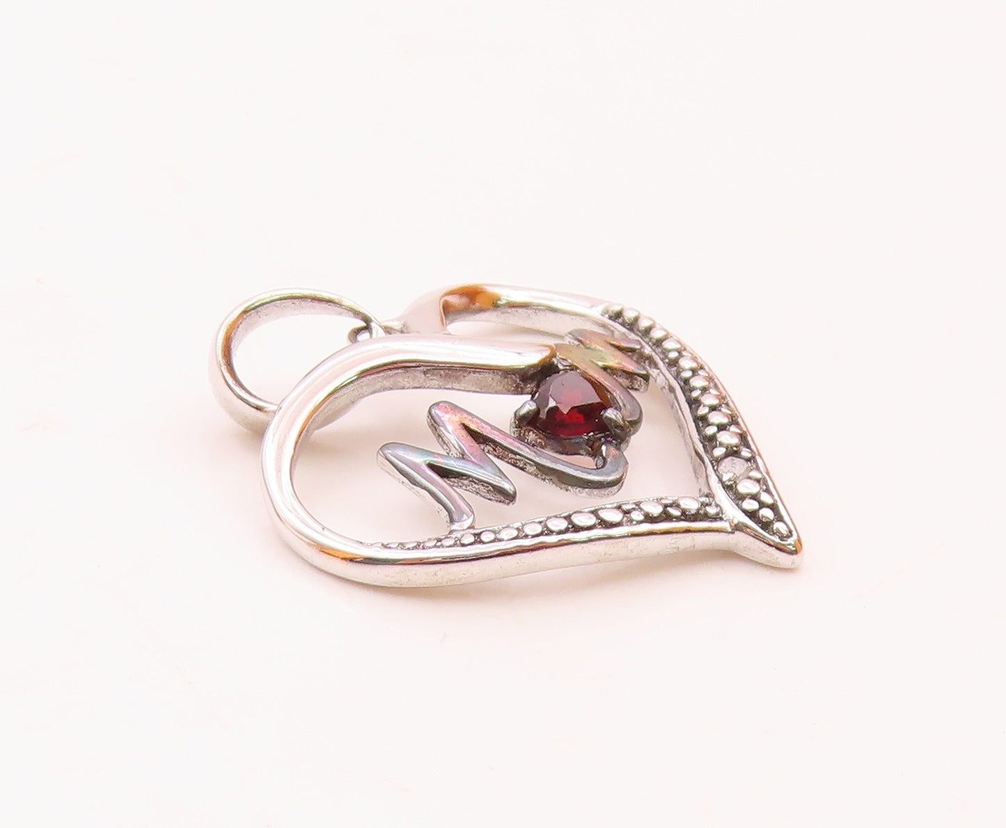 925 Sterling Silver  Vintage Genuine Diamond Mom Love Heart Pendant  PT17622