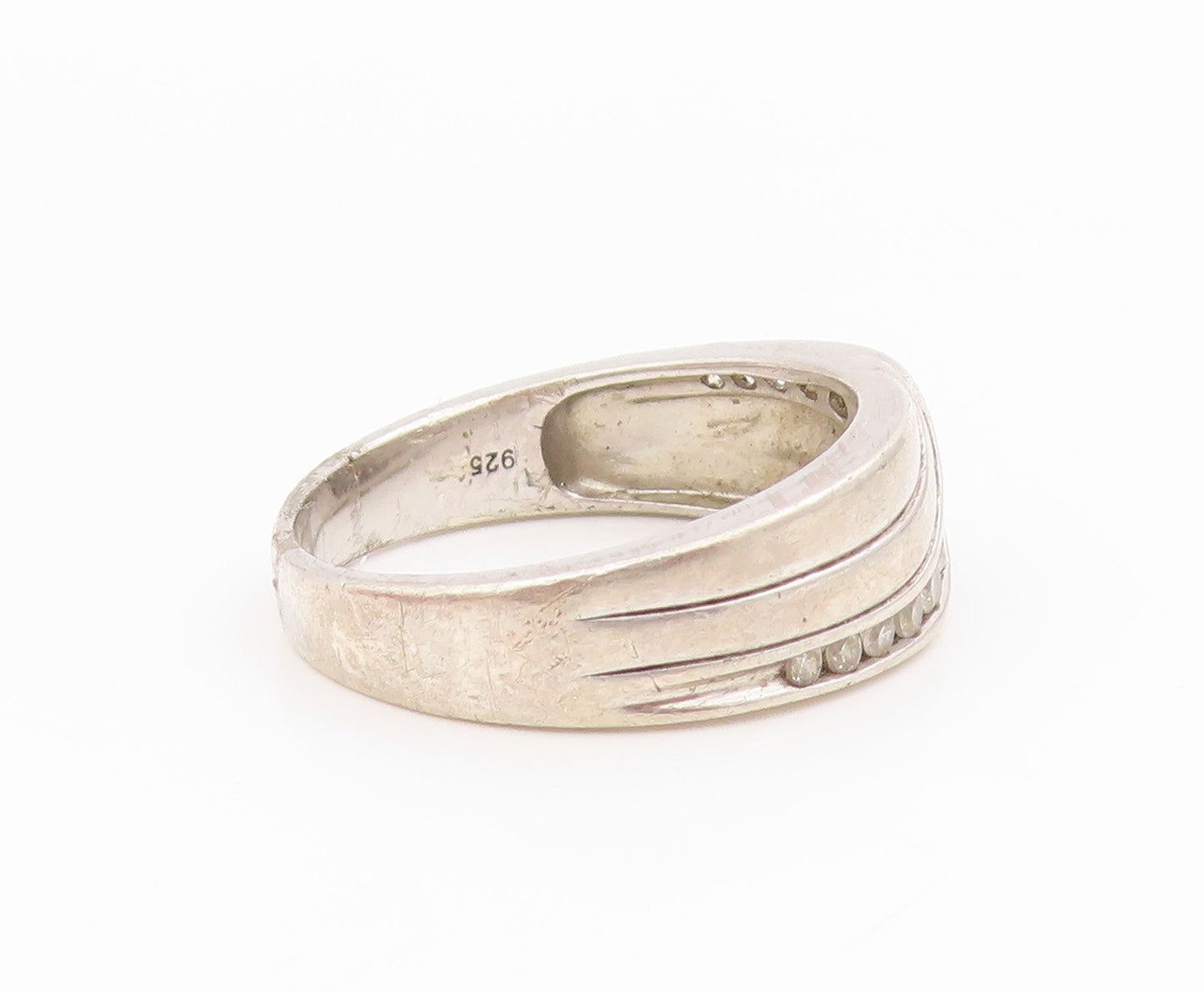 925 Sterling Silver Vintage Ring Round CZ Wavy Channel Set Band  Sz 10  RG34543