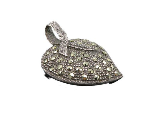 925 Sterling Silver  Vintage Marcasite Ribbon Love Heart Drop Pendant  PT6998