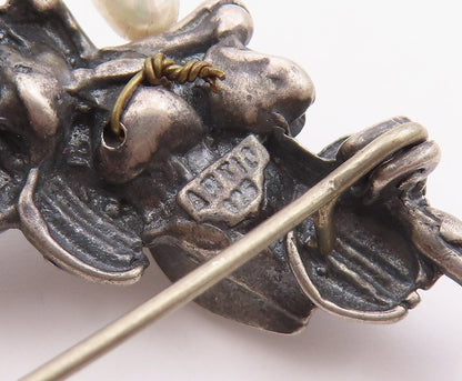 925 Sterling Silver  Vintage Petite Pearls Modernist Floral Brooch Pin  BP9111