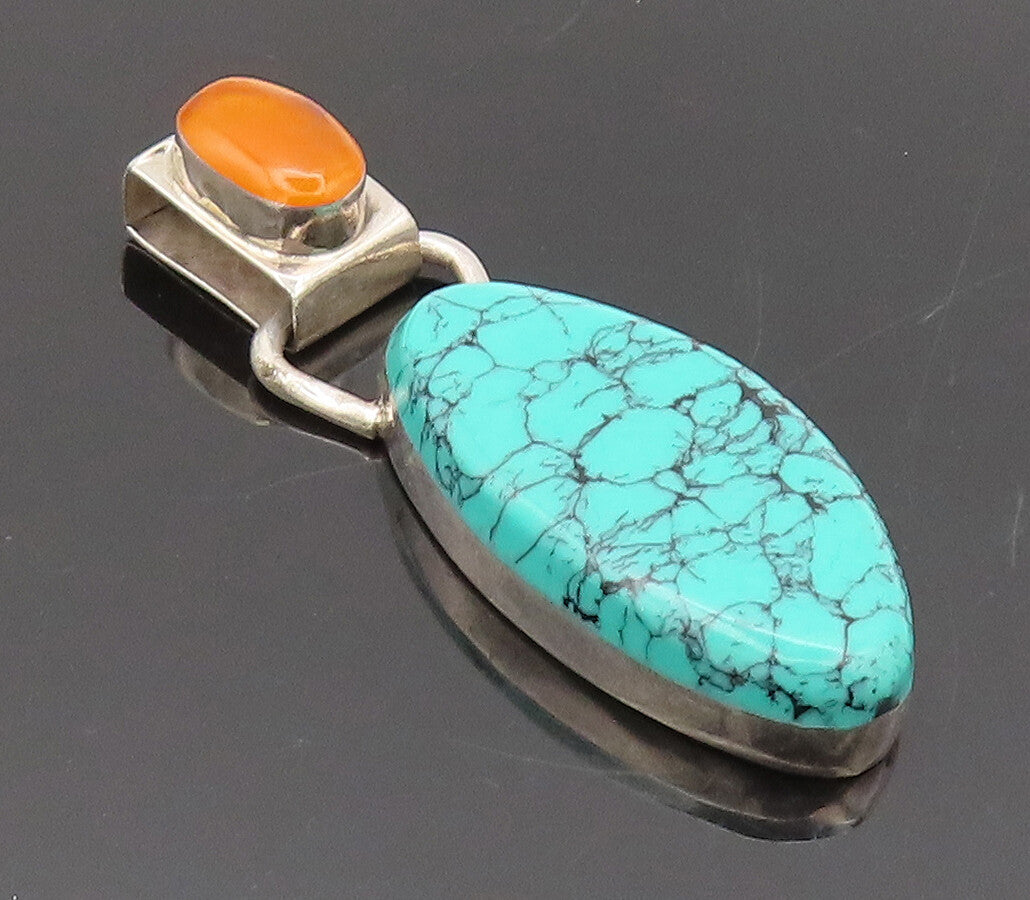 MEXICO 925 Sterling Silver  Vintage Oval Turquoise & Citrine Pendant  PT22409