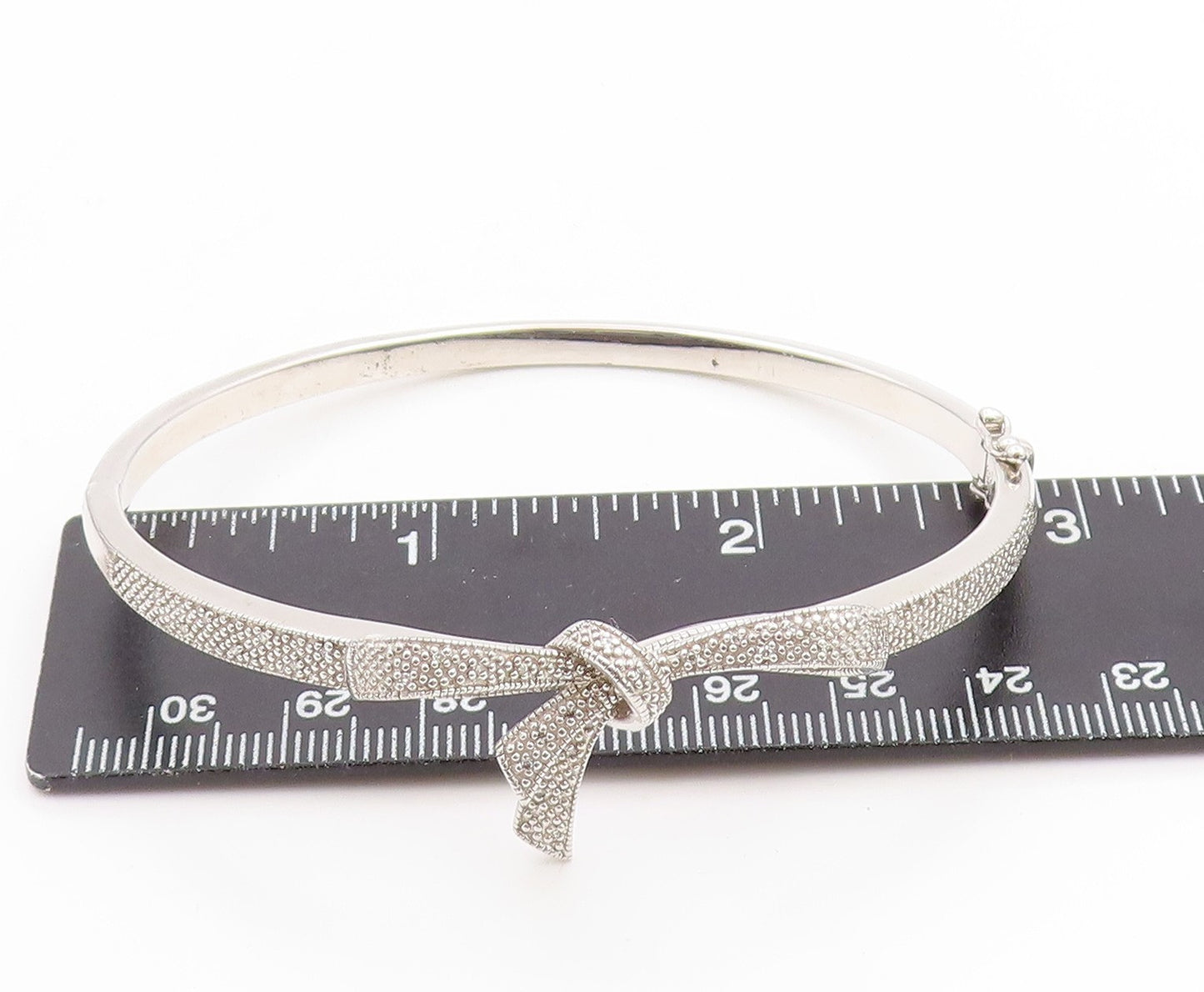 925 Sterling Silver Vintage Bracelet Genuine Diamonds Ribbon Bow Bangle  BT11803