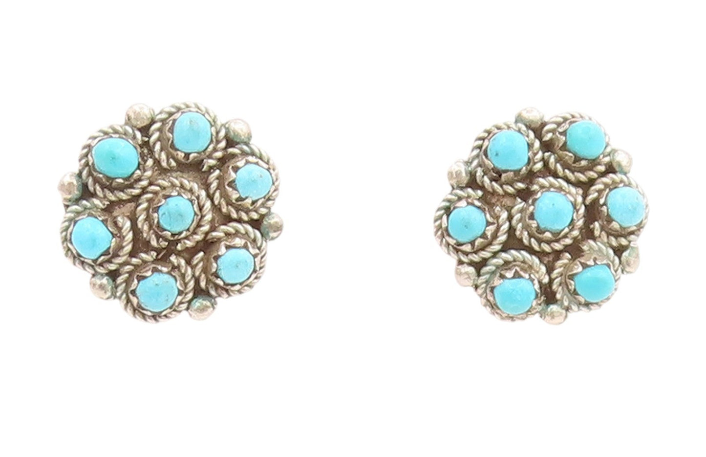 925 Sterling Silver Vintage Earrings NAVAJO Round Turquoise Floral Stud  EG14035
