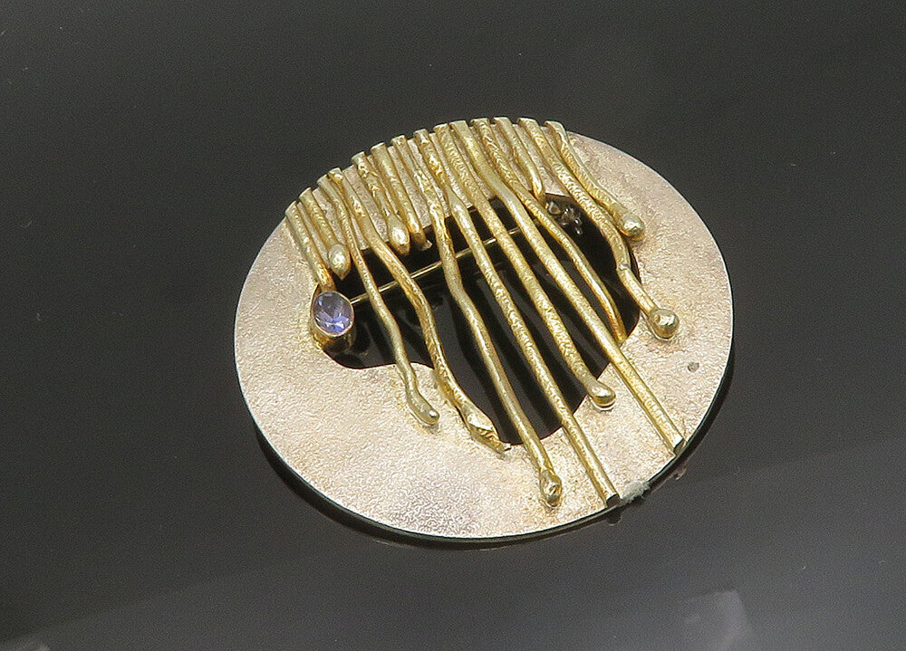 925 Sterling Silver  Vintage Tanzanite Modernist Two Tone Brooch Pin  BP7818