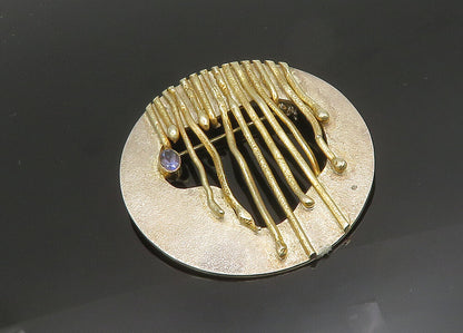 925 Sterling Silver  Vintage Tanzanite Modernist Two Tone Brooch Pin  BP7818
