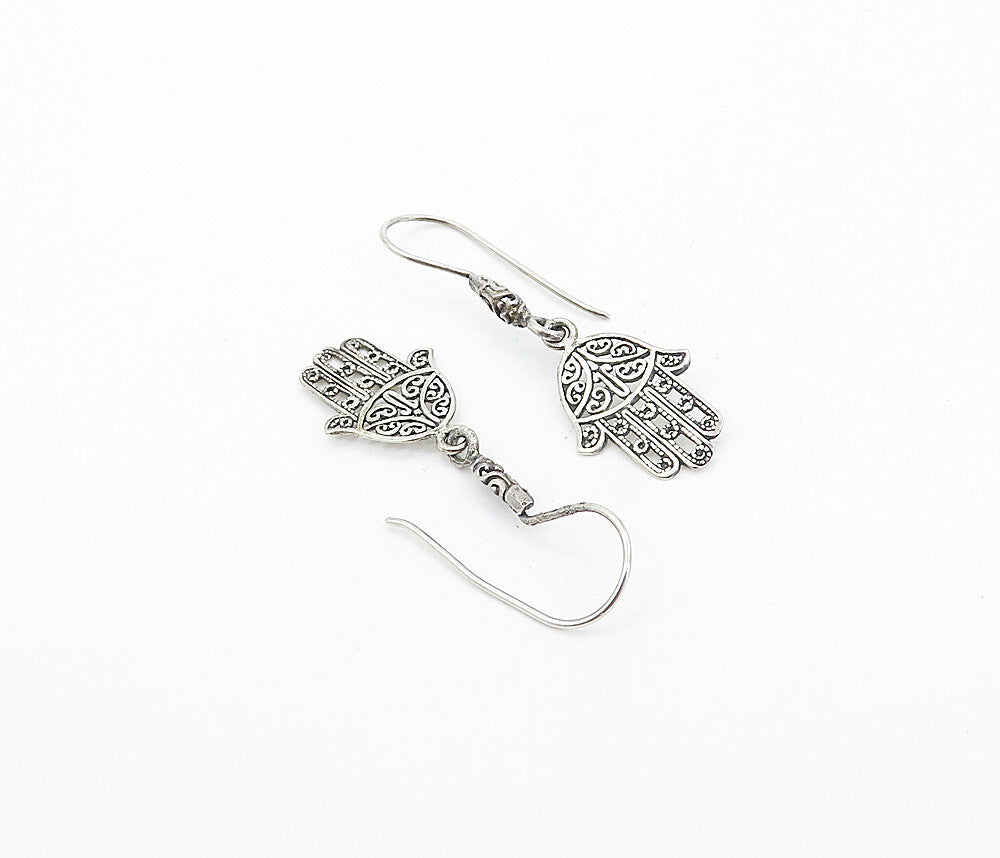925 Sterling Silver Shiny Petite Open Swirl Hamsa Dangle Earrings EG3246
