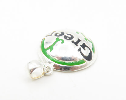 925 Sterling Silver  Vintage Shiny Enamel Green Round Dome Pendant  PT9035