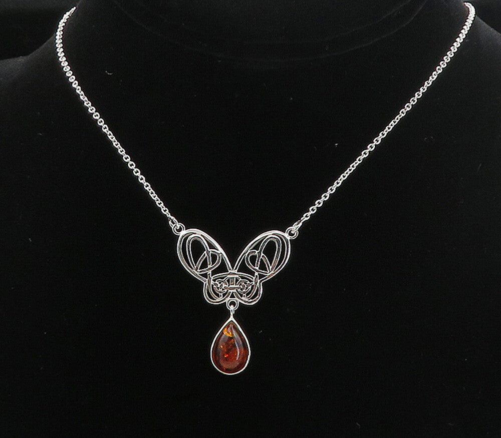 925 Sterling Silver  Cabochon Cut Amber Butterfly Thin Chain Necklace  NE1298