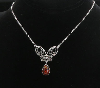 925 Sterling Silver  Cabochon Cut Amber Butterfly Thin Chain Necklace  NE1298